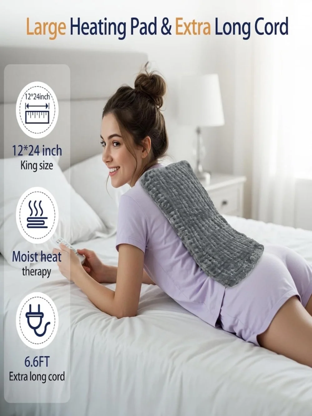 Electric Heating Pad 12x24 King Size Back Pain Relief 9 Heat Settings Gray XL